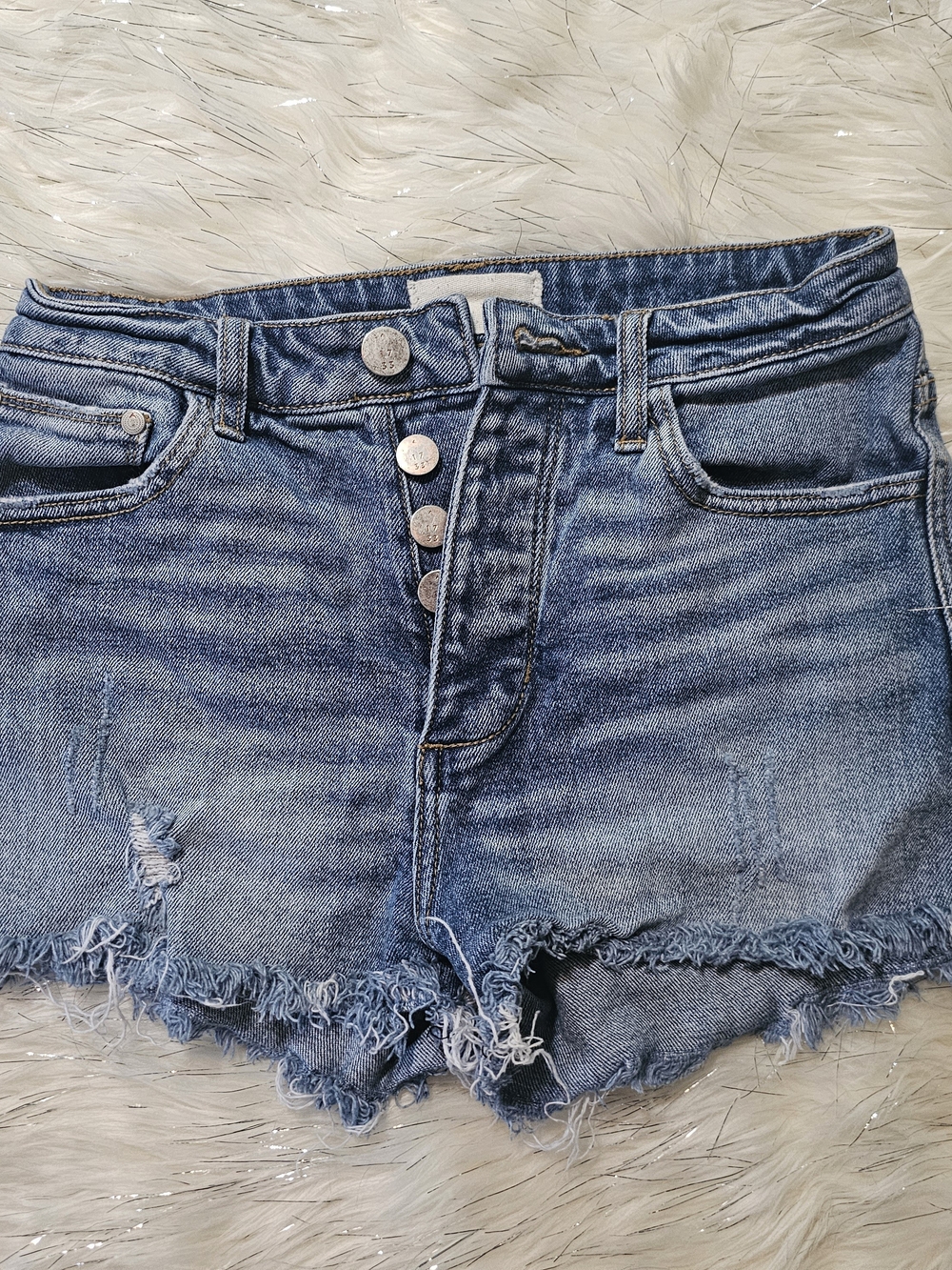 High-Rise Distressed Denim Shorts - Blue Size 26